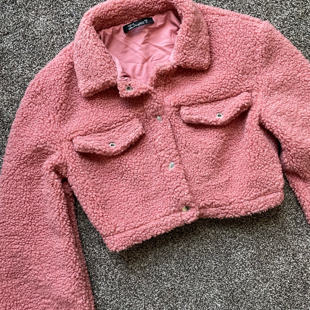 Fuzzy Fleece Jacket Cropped Button Down Lapel Sherpa Jacket Pink Blush - Picture 10 of 10